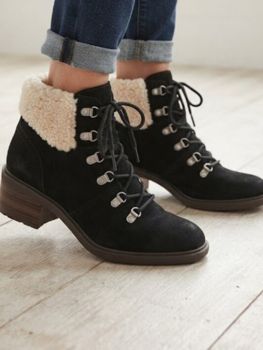 NWT! Lucky Brand Faux Shearling Bootie in Black Oiled Suede Size 7M